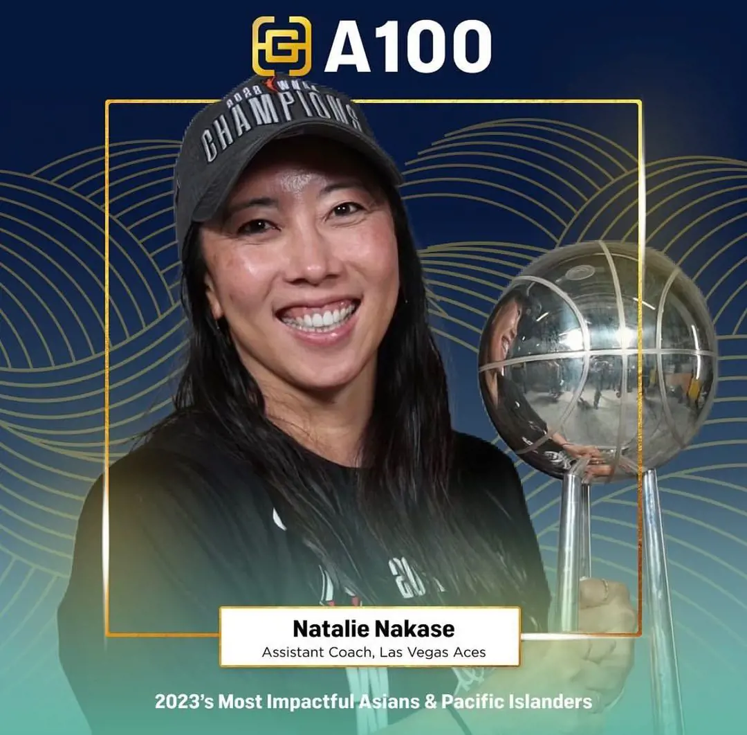 Nakase celebrating with the 22 NBA championship league trophy, she is paying homage to her dad by continuing her career in sports