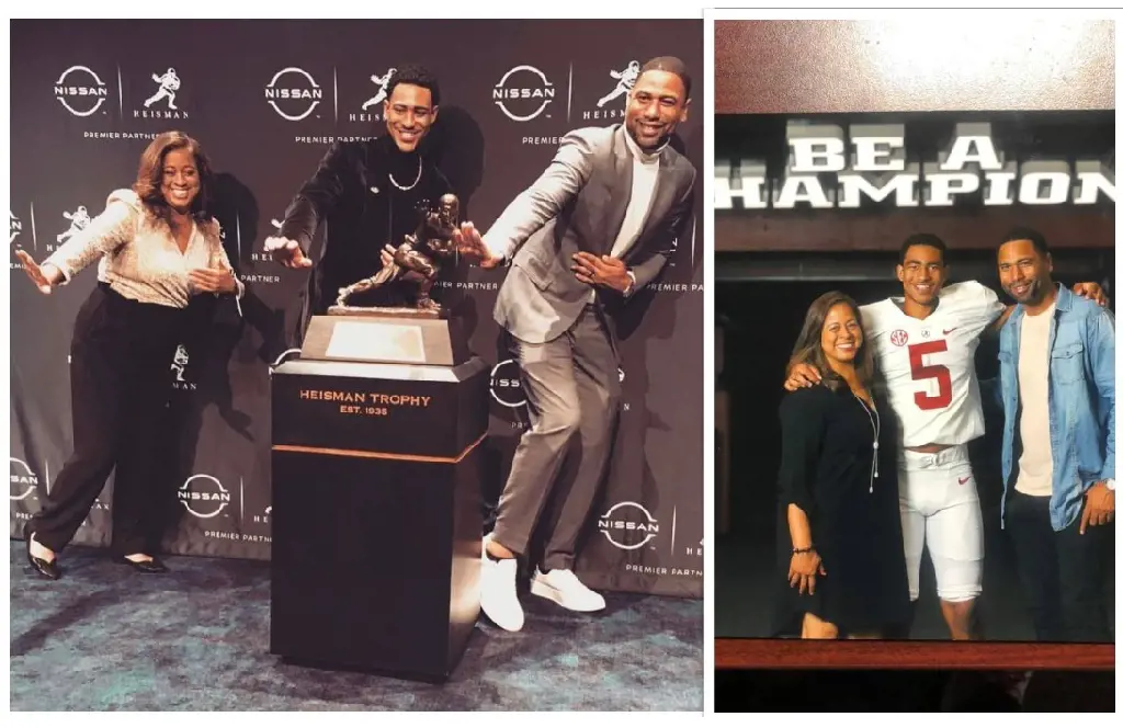 Bryce, Craig, and Julie pose like the Heisman Trophy during a 2021 premiere