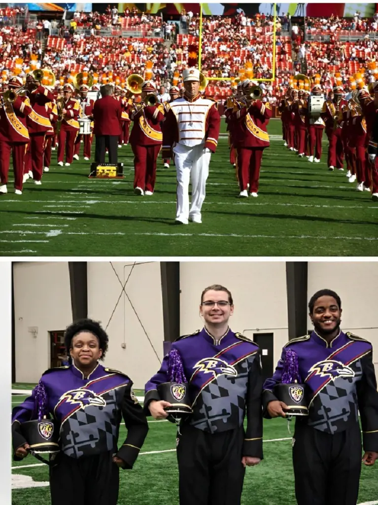 Washington Commanders Marching Band (top) and Baltimore's Marching Ravens (bottom).