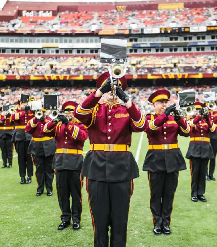 Washington Commanders Marching Band perform at their home stadium FedExField in Landover, Maryland.