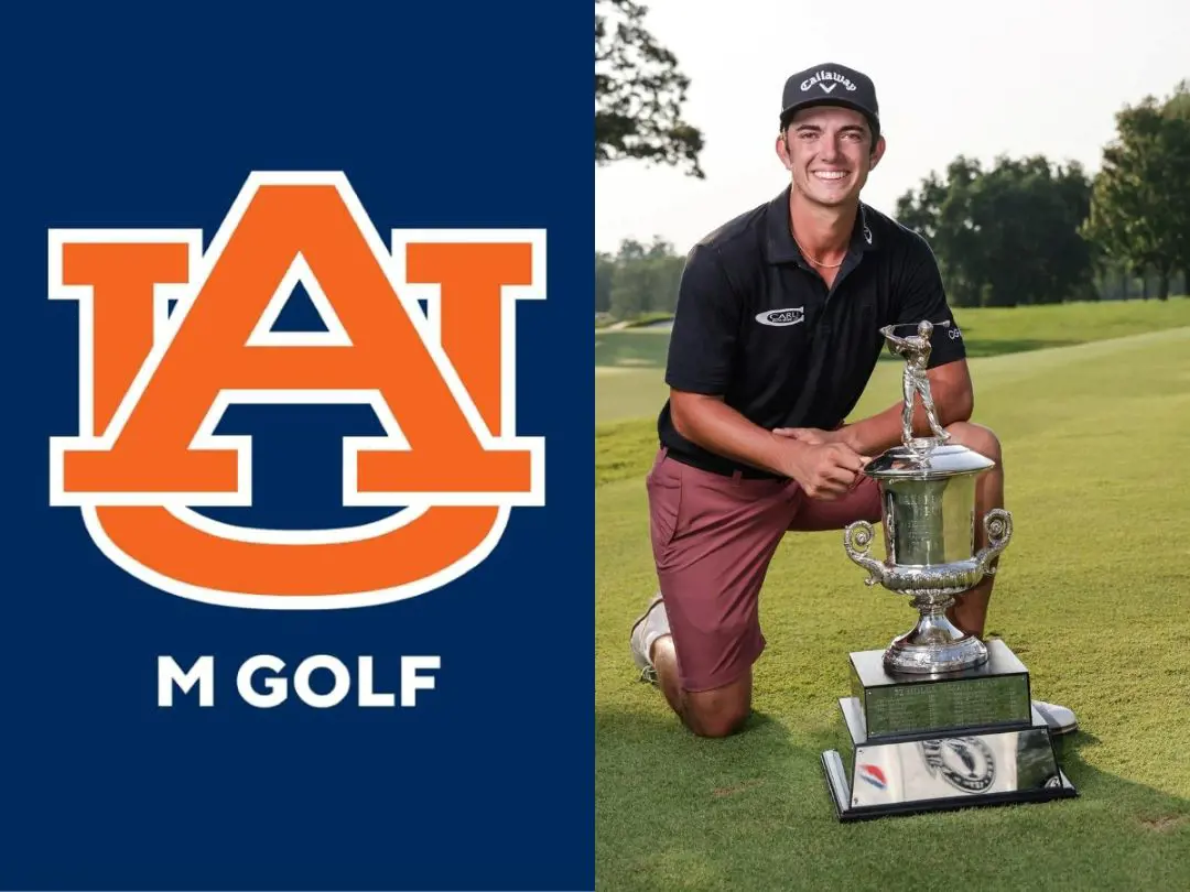 Auburn Golfers college logo alongside Brendan Valdes who won WGA championship in 2023, he is likely to turn pro soon. 