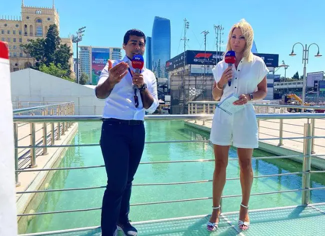 Rachel with Karun Chandhok in Baku for Azerbaijan Grand Prix on 12 June 2022.