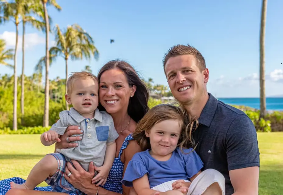 Mike, his children, and his spouse were all dressed in similar blue costumes