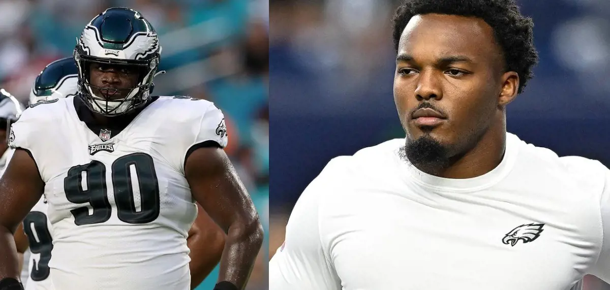 Davis and Dean take up two seats on the Eagles' locker room.