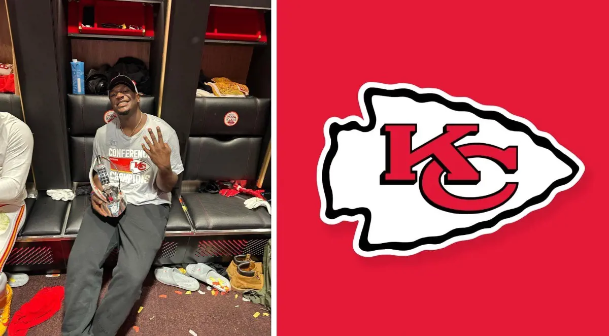 Malik Herring (left) with the AFC trophy in the locker room in January 2023.