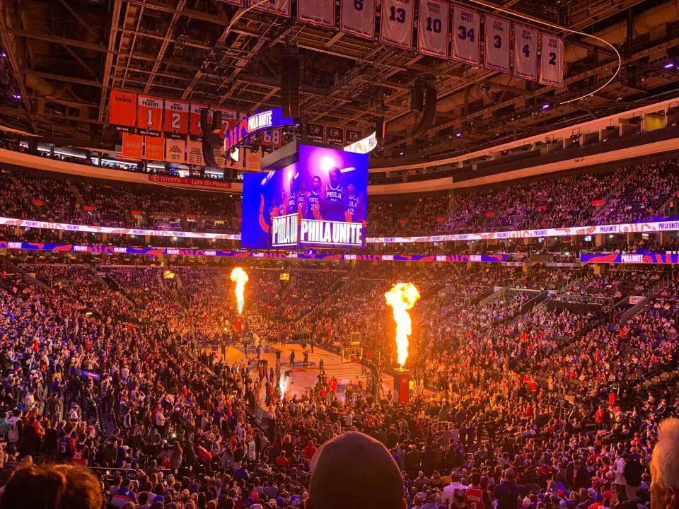 Philadelphia 76ers fans at Wells Fargo Center during the team's game in 2020. It has a capacity of  21,000 spectators.