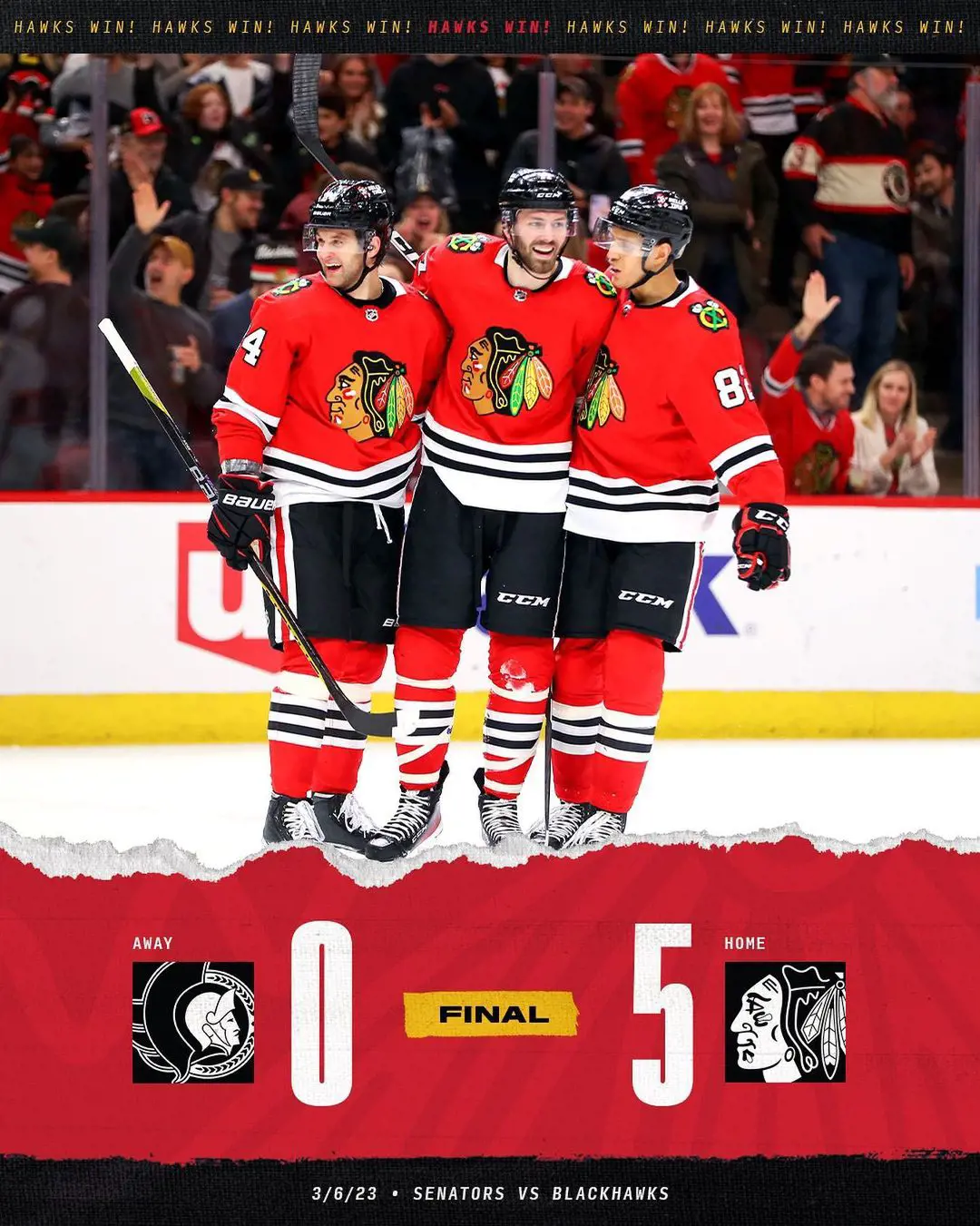 The Hawks celebrating 5-0 victory over Ottawa Senators on March 6, 2023.