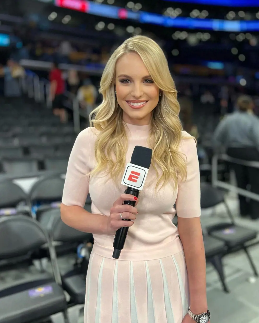 Katie during her reporting duties at Crypto Arena on April 10, 2023. 