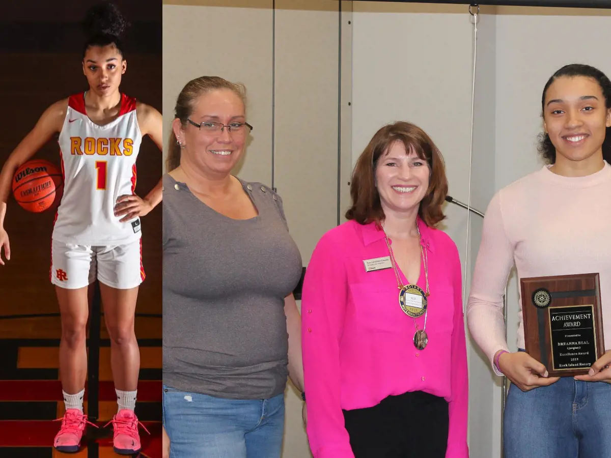 Nicole in a grey t-shirt with Rock Island Rotary President Cassatt and Brea. 