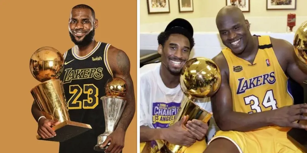 Stephen A. Smith, Kobe and Shaquille O'Neal with the NBA championship awards.