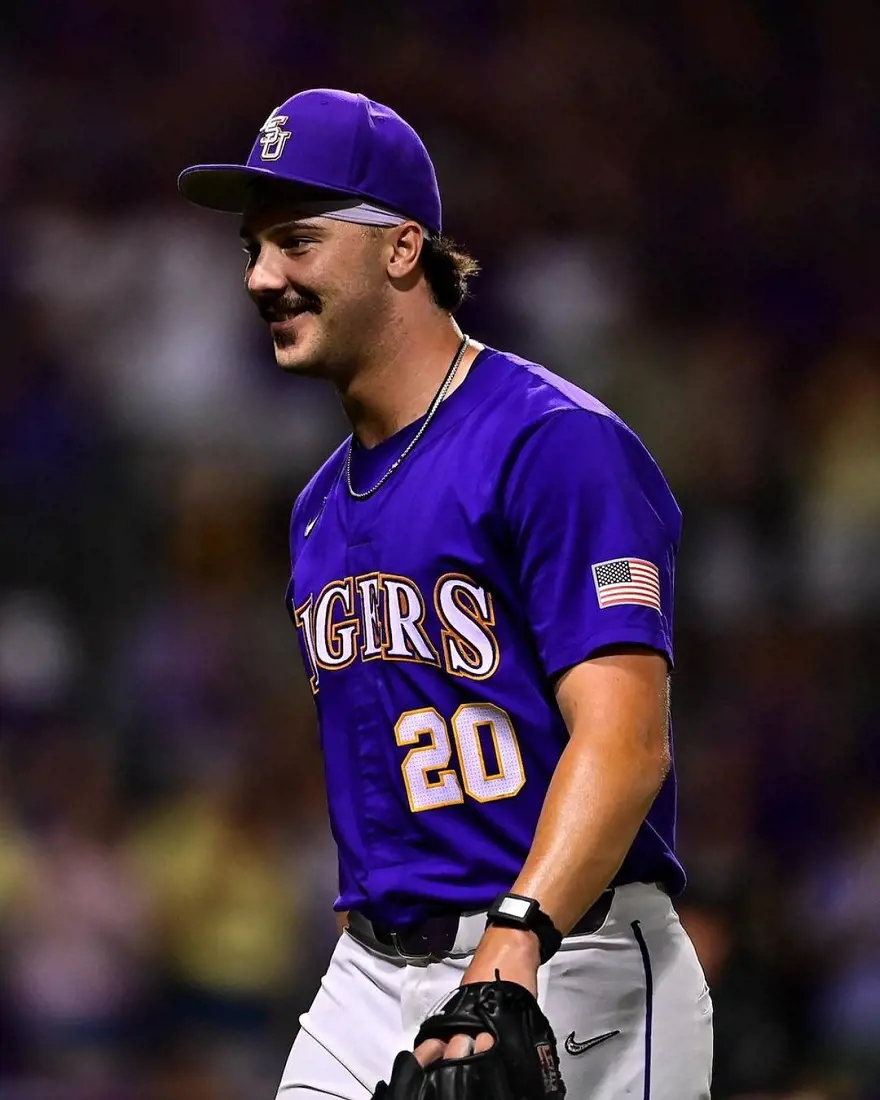 Paul Skenes smiles during a match at Alex Box Stadium in June 2023