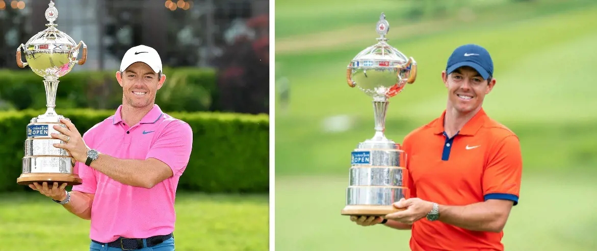 Mcllroy posing with the RBC trophy in 2022 (left) and in 2019. (right)