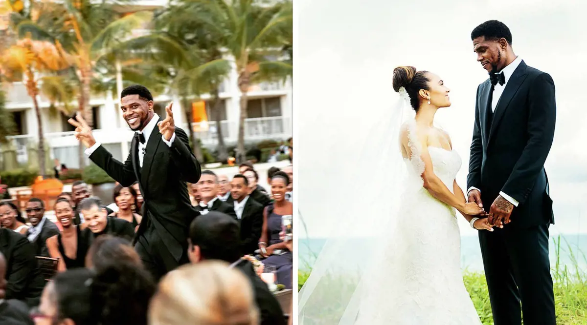 Udonis (left photo) walking down the aisle in 2013. He and Faith (right photo) after their ceremony the same day.