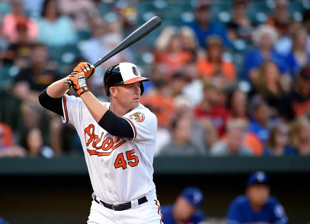 Mark batting at Camden Yards on June 27, 2018 in Baltimore, Maryland