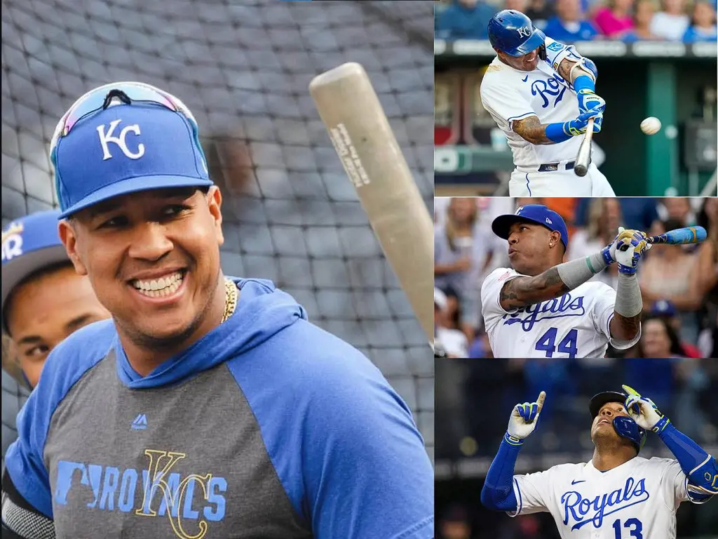 (Right) Salvador celebrates after hitting HR on 4 May 2021 in Kansas City