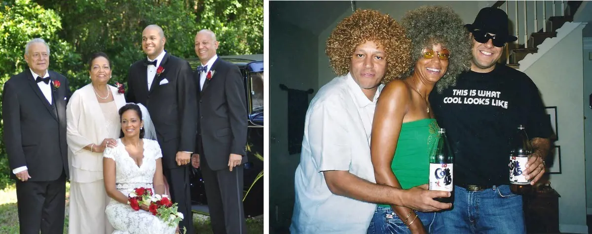 Carolyn with Stephen I, Arlene, Stephen II, and Michael at her 2014 big day. She and kindred at a party in an old picture (right).