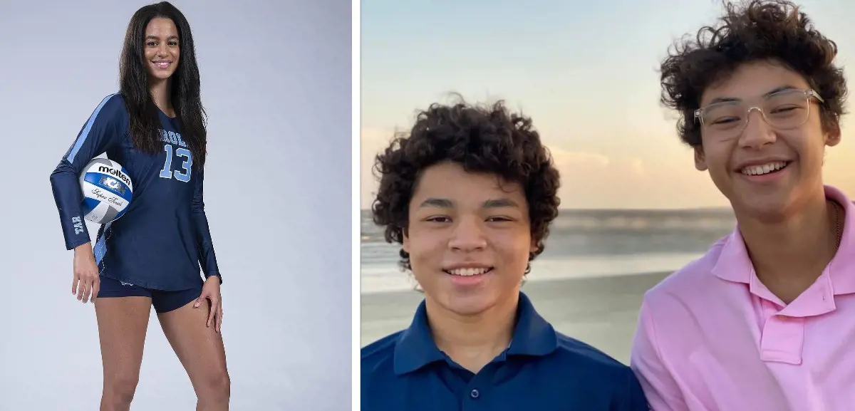 Carolyn (left) in her UNC volleyball gear. Stephen III (left of the right photo) with Alexander in May 2022.