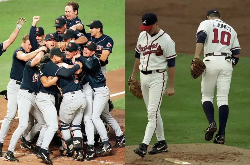 The San Diego Padres players celebrate a historic win against the Braves in the NLCS 1998