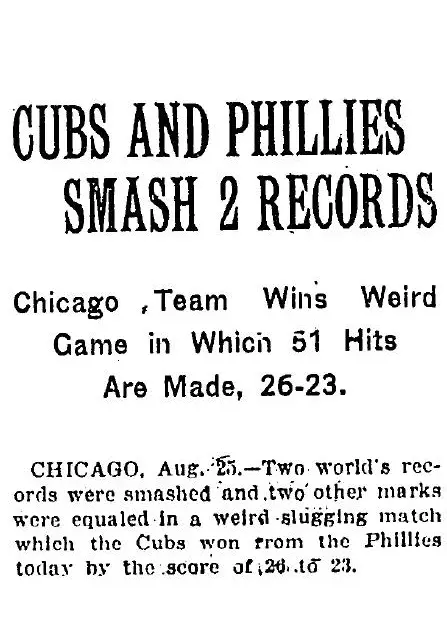 A news piece of the legendary 1922 game between the Cubs and Phillies.