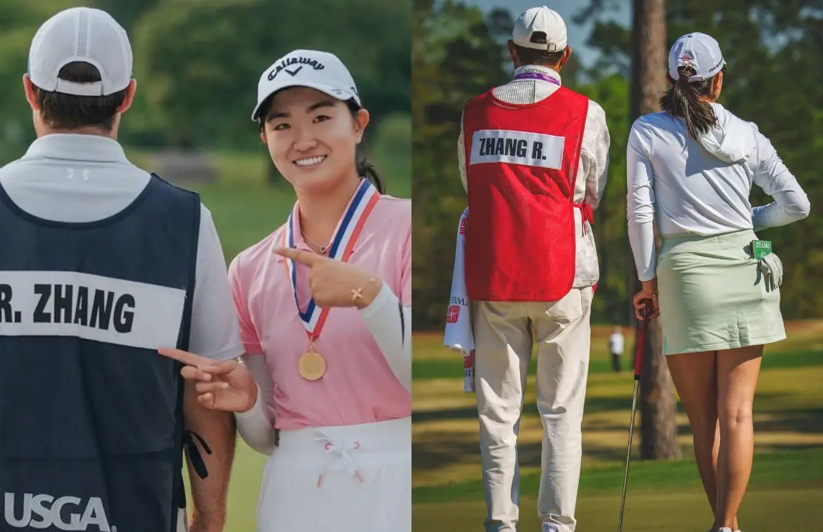 Haibin serving as a caddie for Rose in the Augusta National Women's Amateur in April 2023