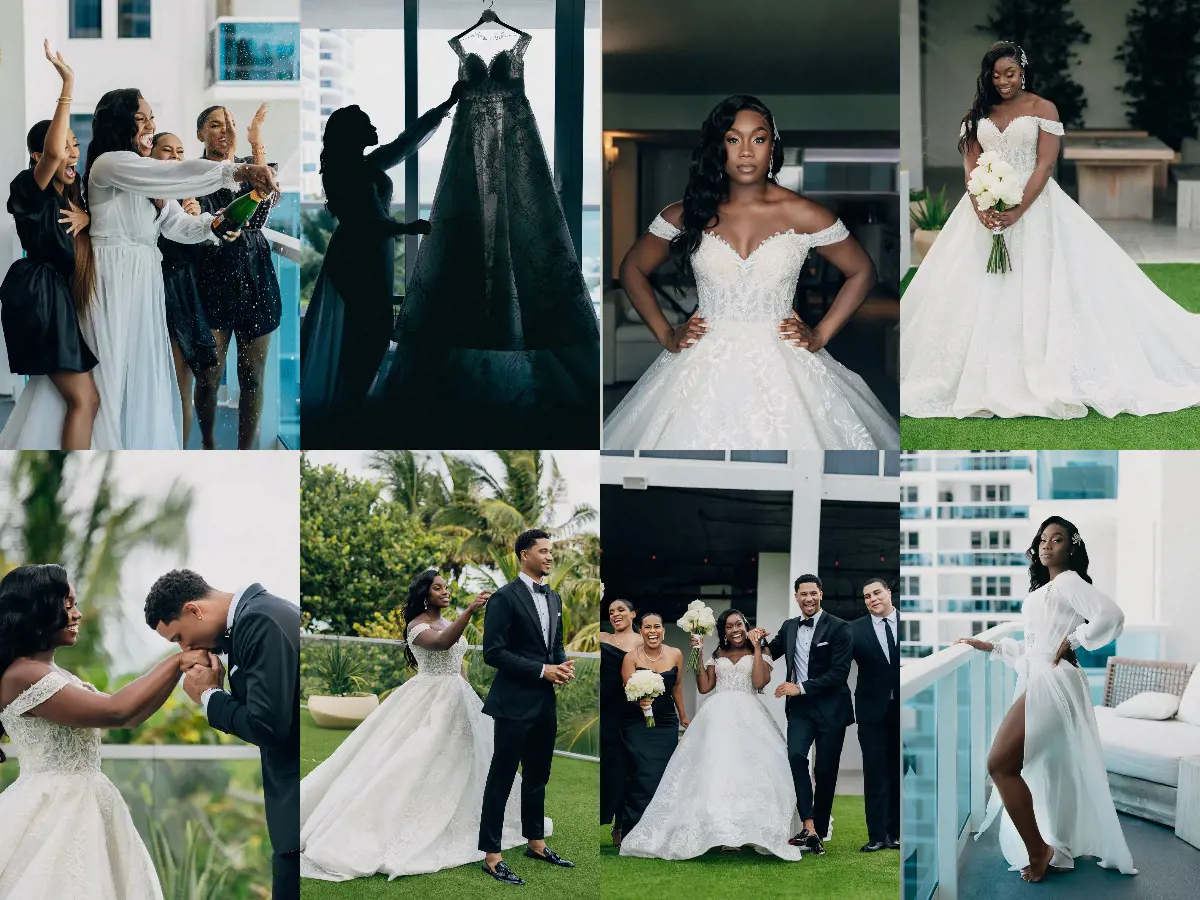 Picture collage of Josh and Shannon's lavish ceremony held at One Hotel in Miami