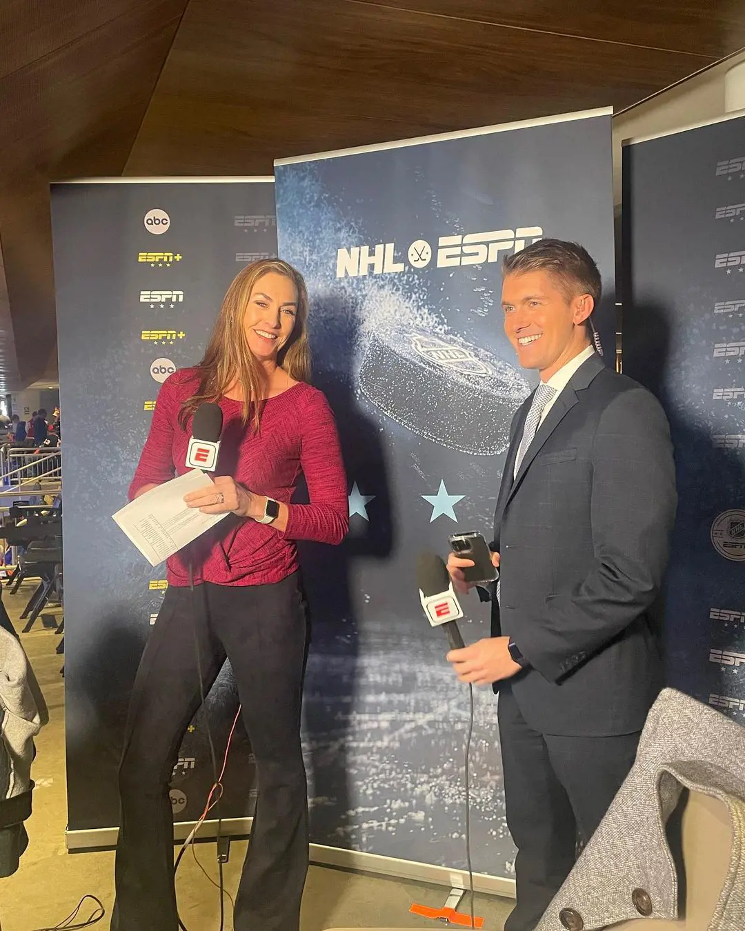  A.J. with her co-host Mike Monaco at the UBS Arena. 