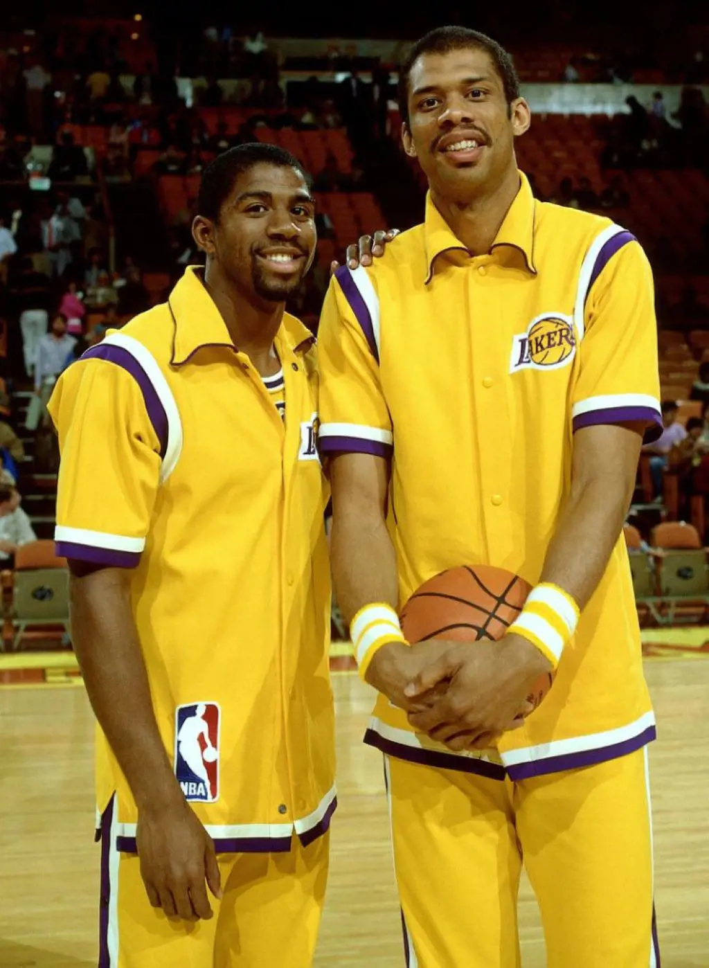 Kareem (left) and Johnson in their mid 20s with the Lakers. They are basketball history's iconic duo of all time