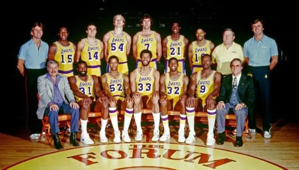 Lakers squad with Kareem in the center in Jersey no. 33 alongside Magic smiling in Jersey number 32 with the owner and coach