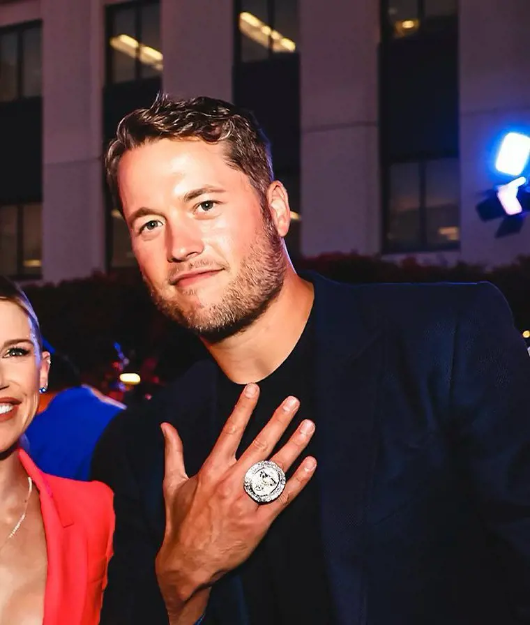 Stafford with his Super Bowl championship ring in 2022.