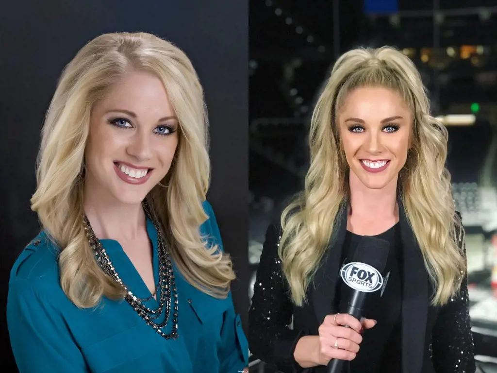 (Left) Kelly workings as Fox Sports reporter at State Farm Arena in January 2021