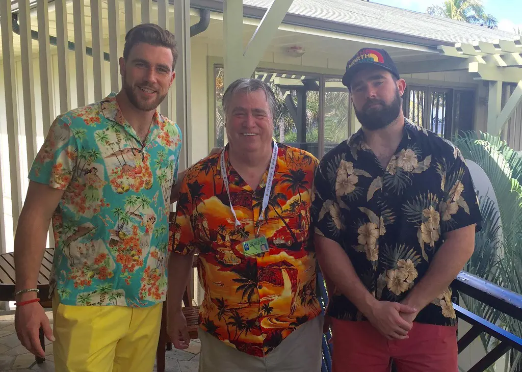 Travis (left), Ed (middle) and Jason (eight) all in Hawaiian style during their family trip to Kahuku, Hawaii in February 2016