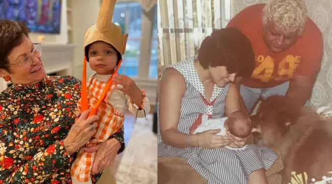 Michelle Rubio with her granddaughter Liberty (left) and with her hubby Dusty (right).