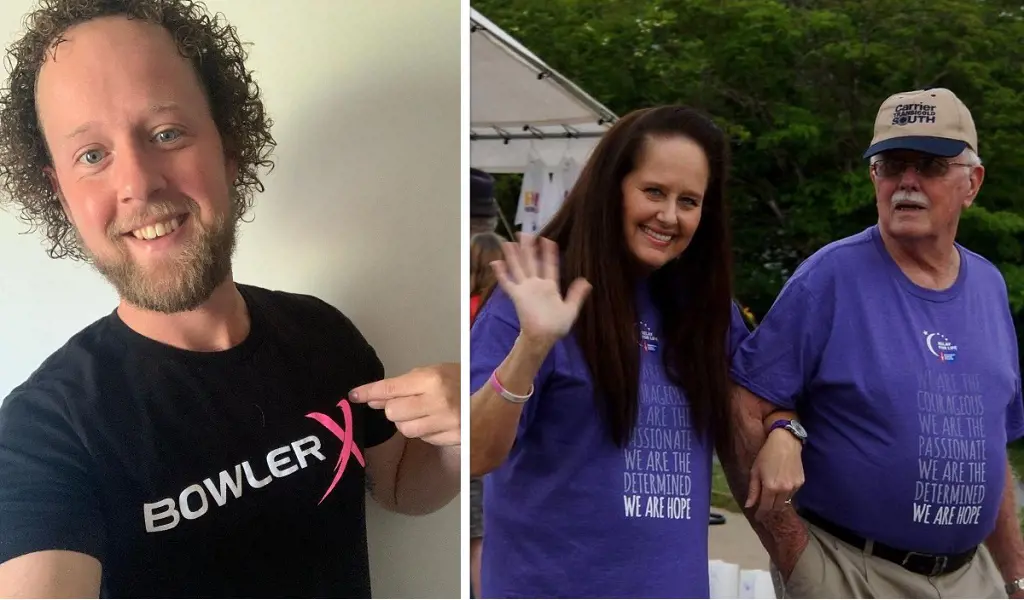 Kyle (left photo)wearing the Striking Against Breast Cancer Mixed Doubles Tournament merch in 2021. Guppy and Sherri (right photo) in an old picture shared by Kyle on Instagram in March 2023.