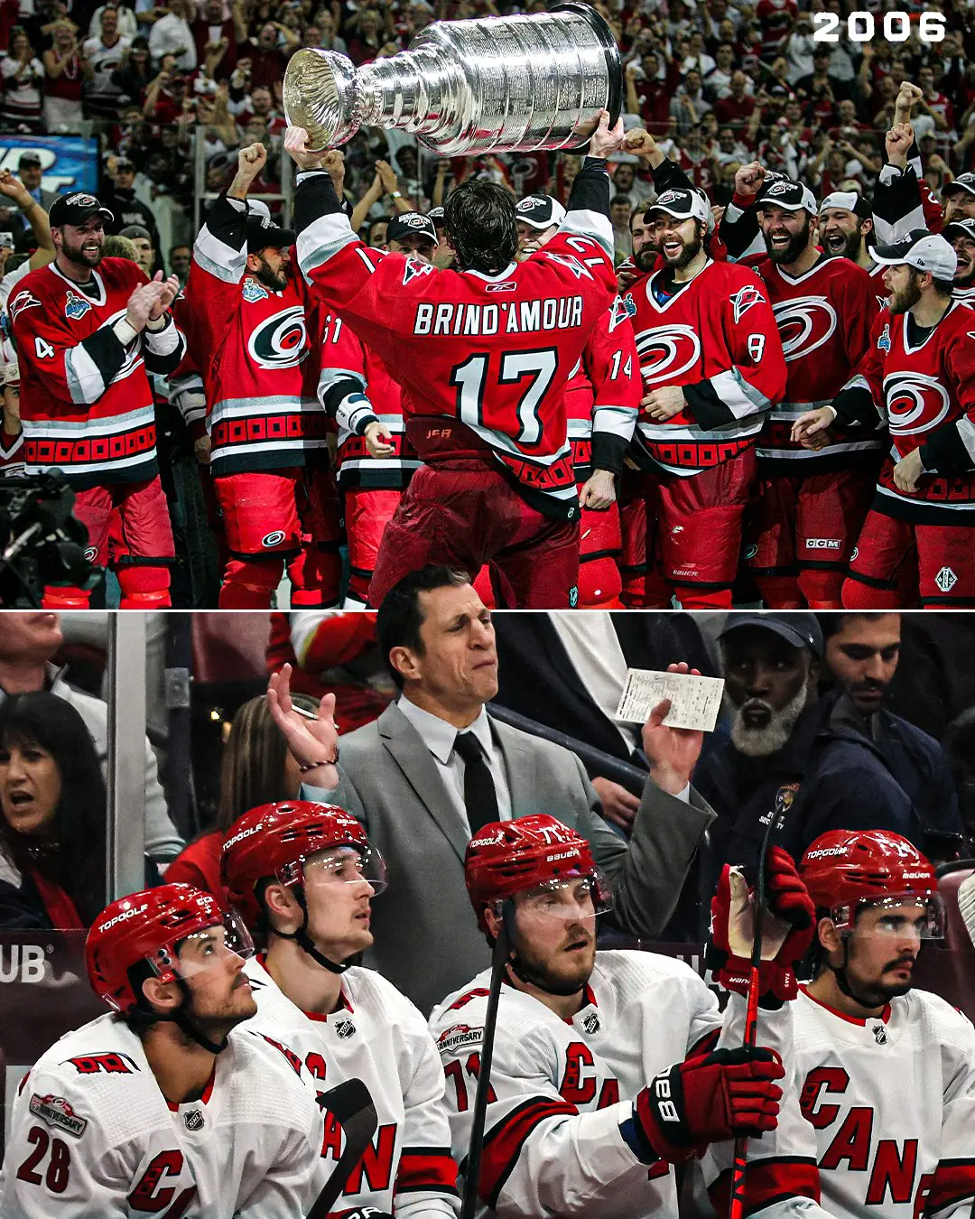 Rod Brind'Amour lifts the historic trophy with pure elation.