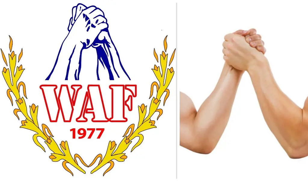 The official logo of World Armwrestling Federation (WAF), that looks over the sport as a recognized global body.